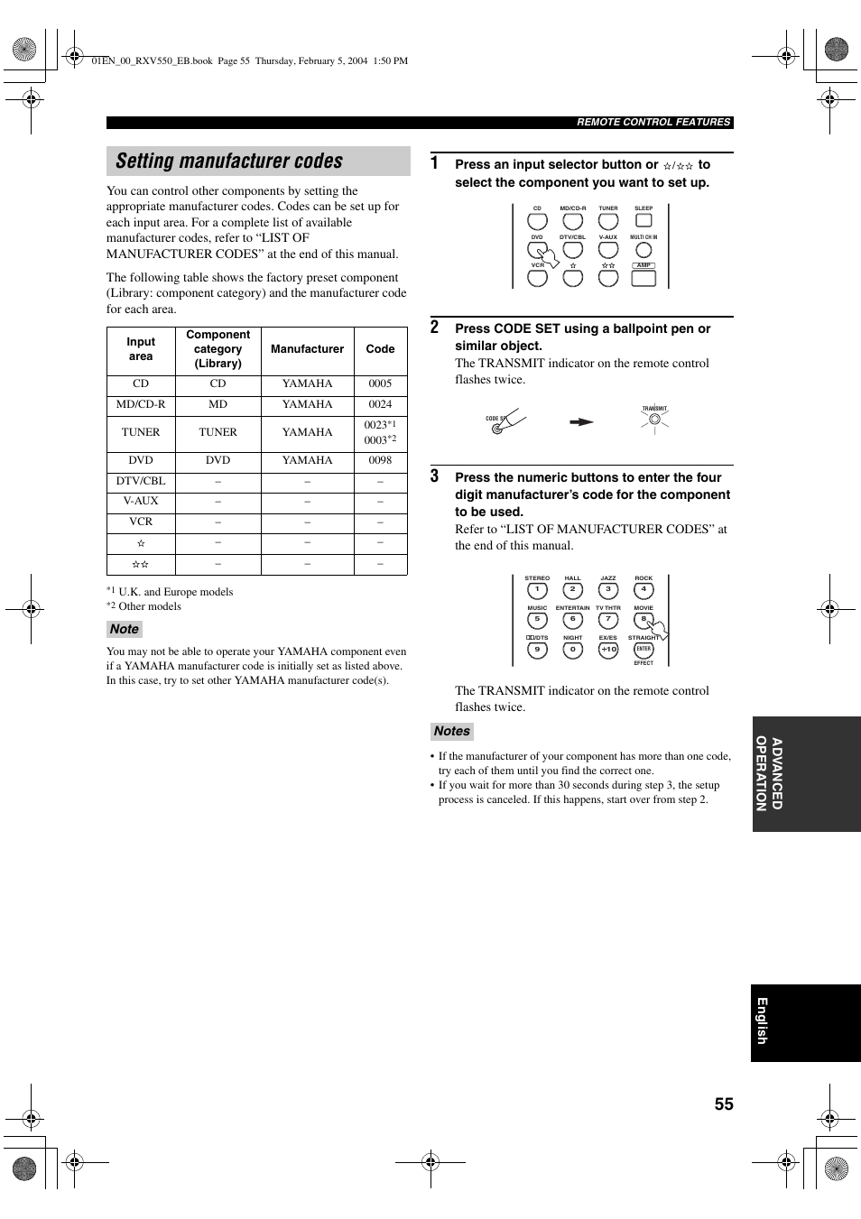 Setting manufacturer codes | Yamaha RX-V550 User Manual | Page 57 / 78