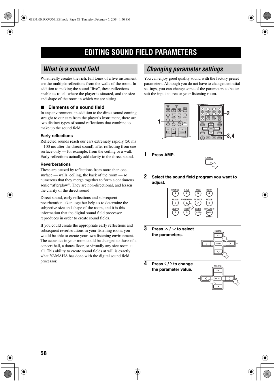What is a sound field changing parameter settings, Elements of a sound field, Press amp | Select the sound field program you want to adjust, Press u / d to select the parameters, Press j / i to change the parameter value, Editing sound field parameters | Yamaha RX-V550 User Manual | Page 60 / 78