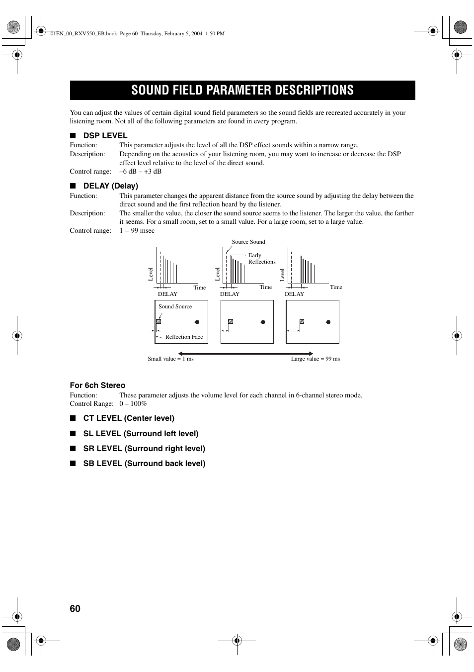 Sound field parameter descriptions | Yamaha RX-V550 User Manual | Page 62 / 78