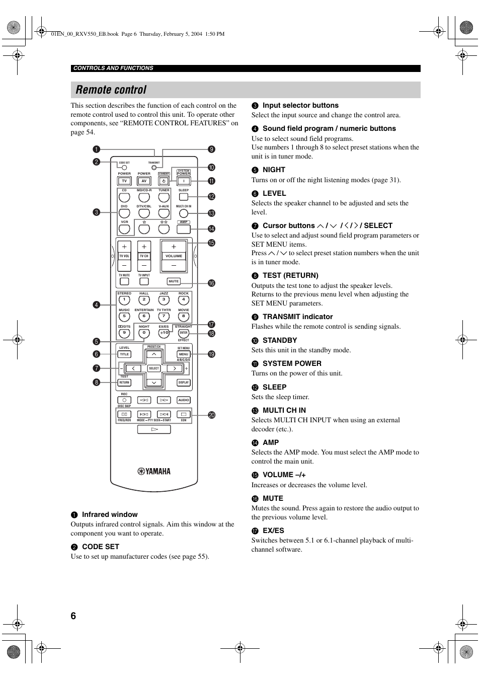 Remote control | Yamaha RX-V550 User Manual | Page 8 / 78