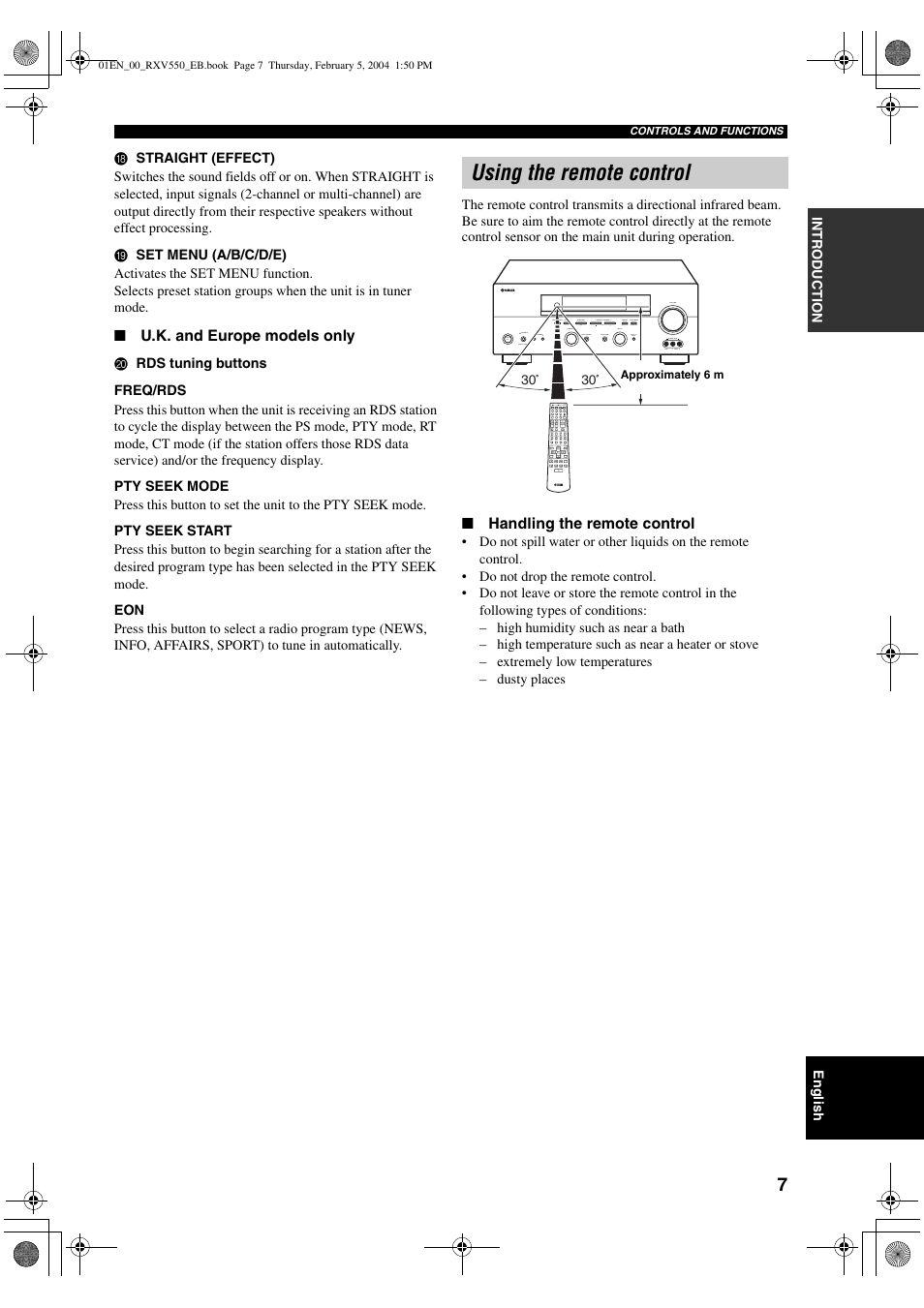 Using the remote control | Yamaha RX-V550 User Manual | Page 9 / 78