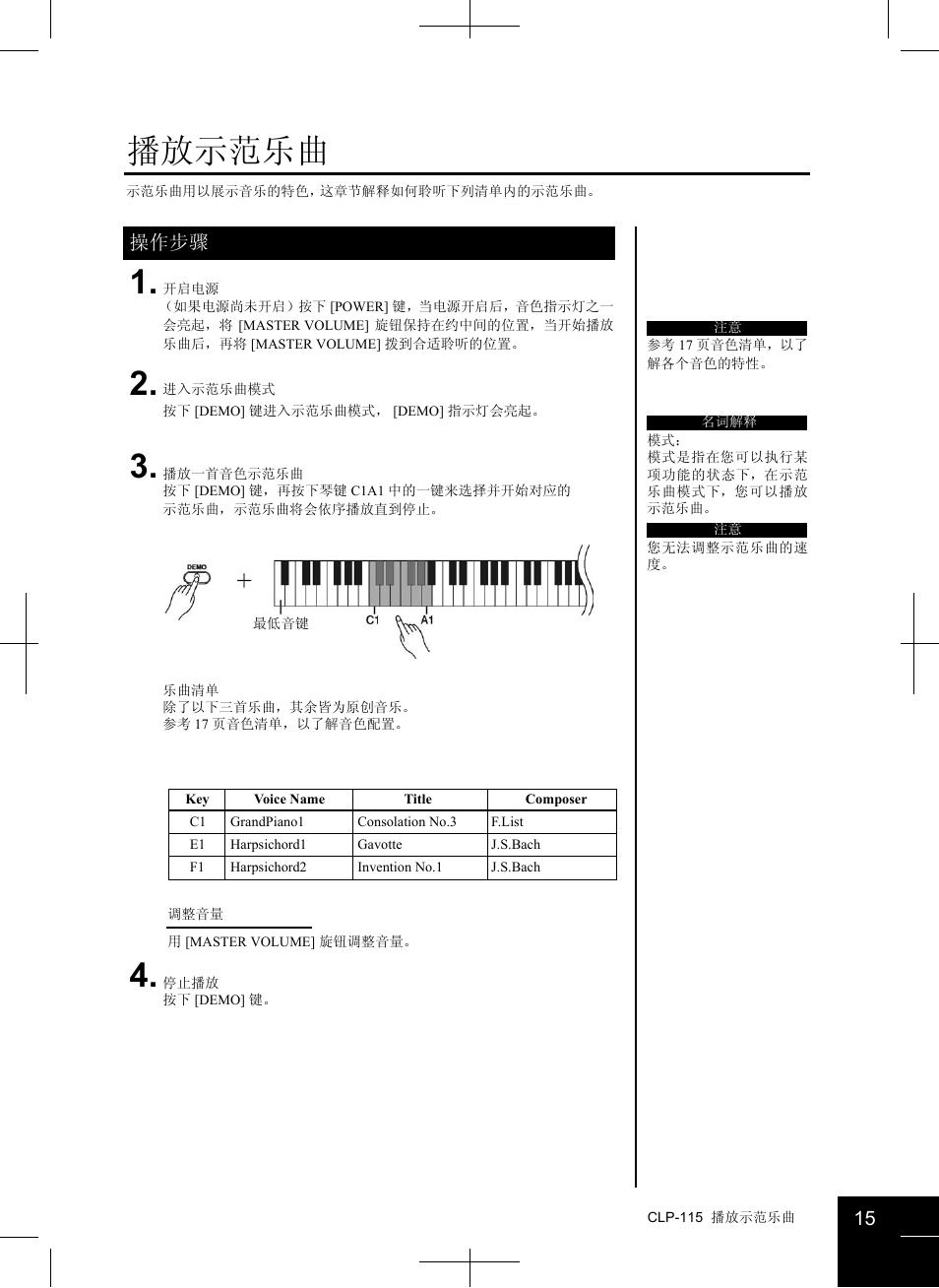 播放示范乐曲 1. 2. 3. 4 | Yamaha CLAVINOVA CLP-115 User Manual | Page 15 / 35