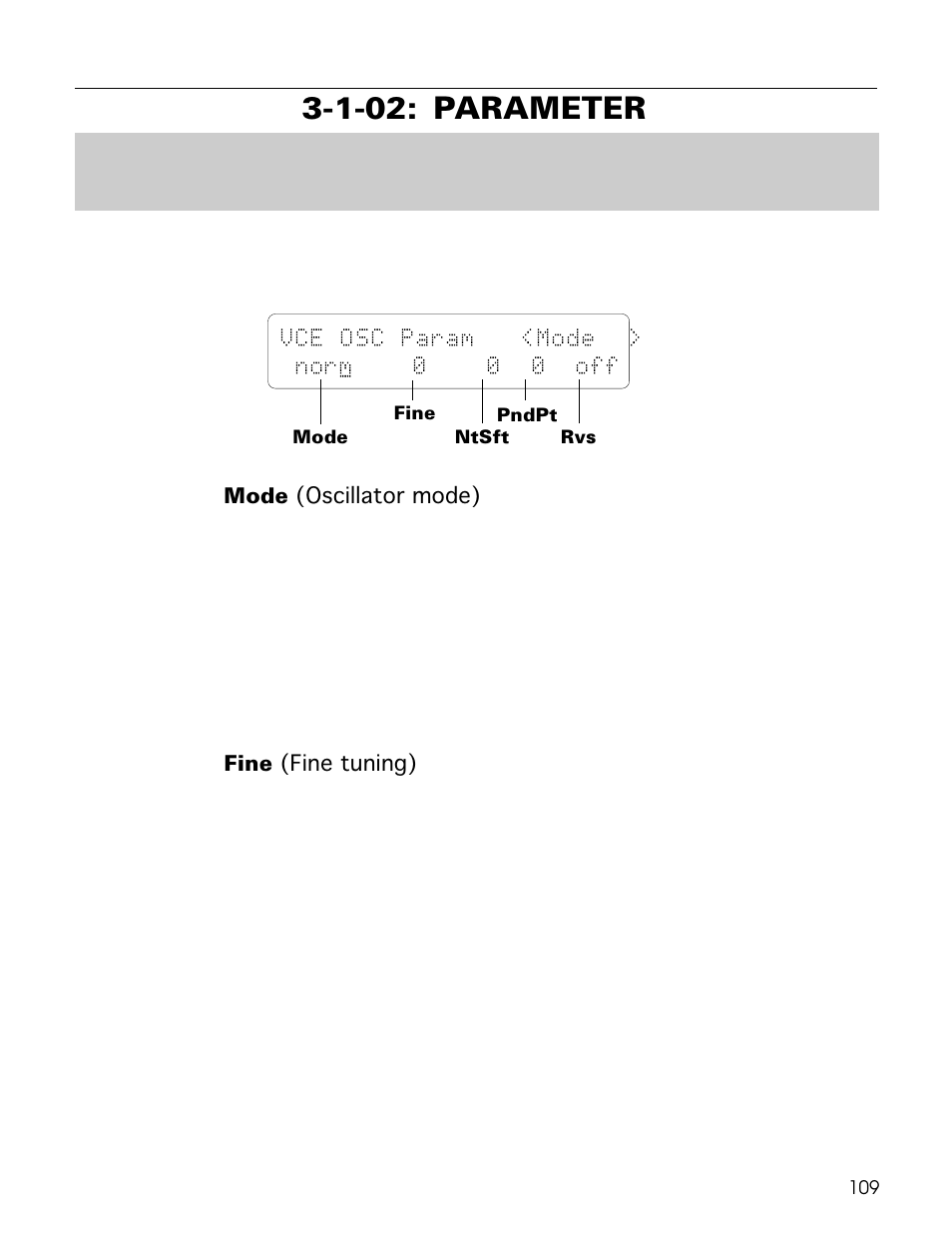 1-02: parameter, Vce osc param <mode > norm 0 0 0 off | Yamaha TG500 User Manual | Page 121 / 334