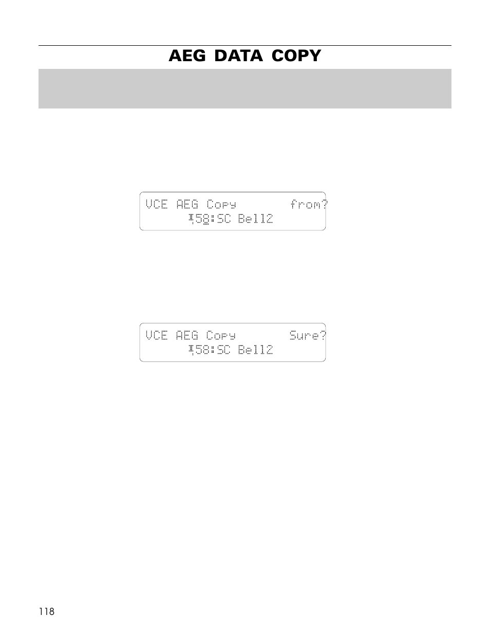 Aeg data copy, Vce aeg copy from? ¡58:sc bell2, Vce aeg copy sure? ¡58:sc bell2 | Yamaha TG500 User Manual | Page 130 / 334