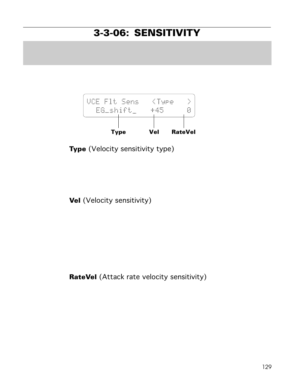 3-06: sensitivity, Vce flt sens <type > eg_shift — +45 0 | Yamaha TG500 User Manual | Page 141 / 334