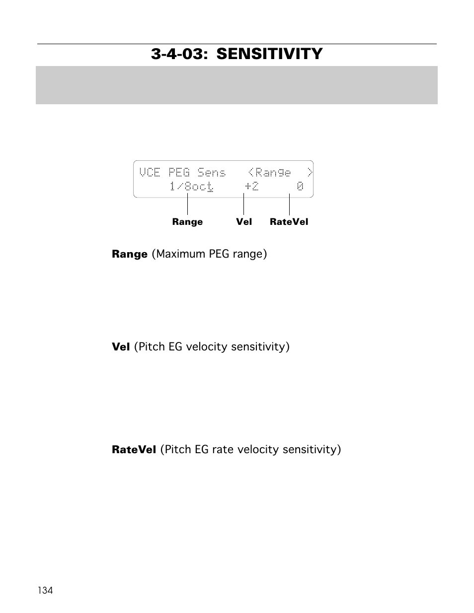 4-03: sensitivity, Vce peg sens <range > 1/8oc t +2 0 | Yamaha TG500 User Manual | Page 146 / 334