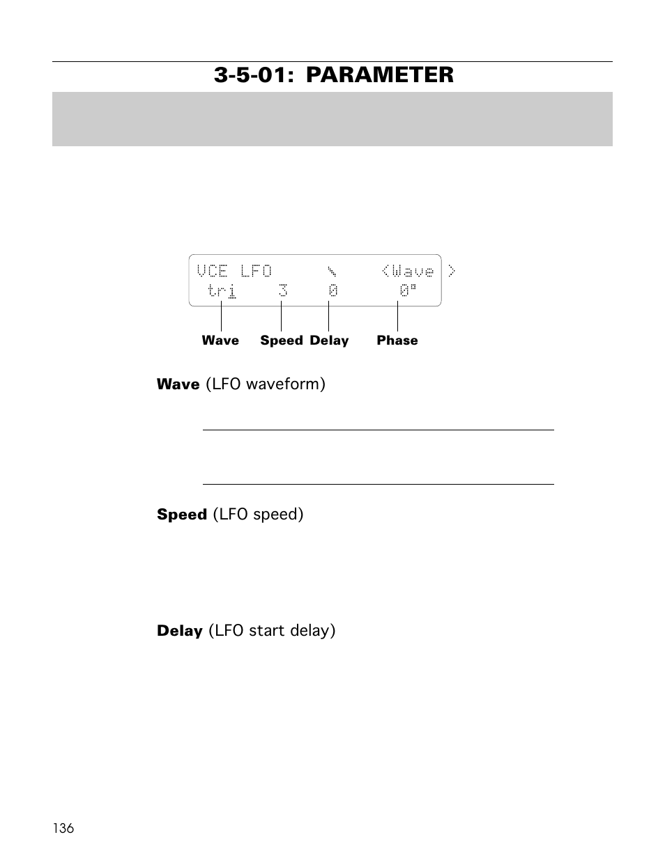 5-01: parameter, Vce lfo ∆ ˚ ∆ <wave > tr i 3 0 0fl | Yamaha TG500 User Manual | Page 148 / 334