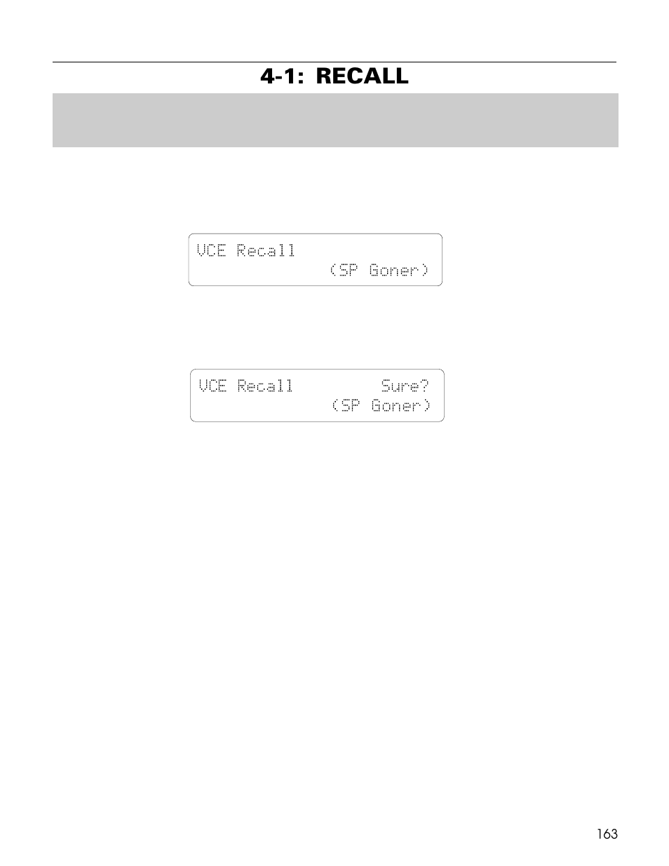 1: recall, Vce recall (sp goner), Vce recall sure? (sp goner) | Yamaha TG500 User Manual | Page 175 / 334