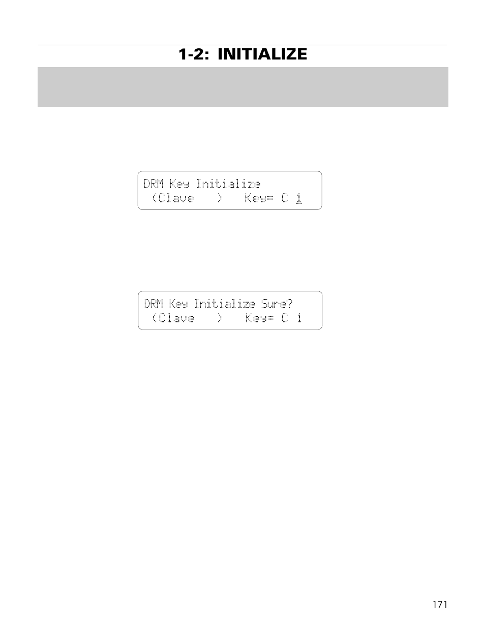 2: initialize, Drm key initialize (clave ) key= c 1, Drm key initialize sure? (clave ) key= c 1 | Yamaha TG500 User Manual | Page 183 / 334