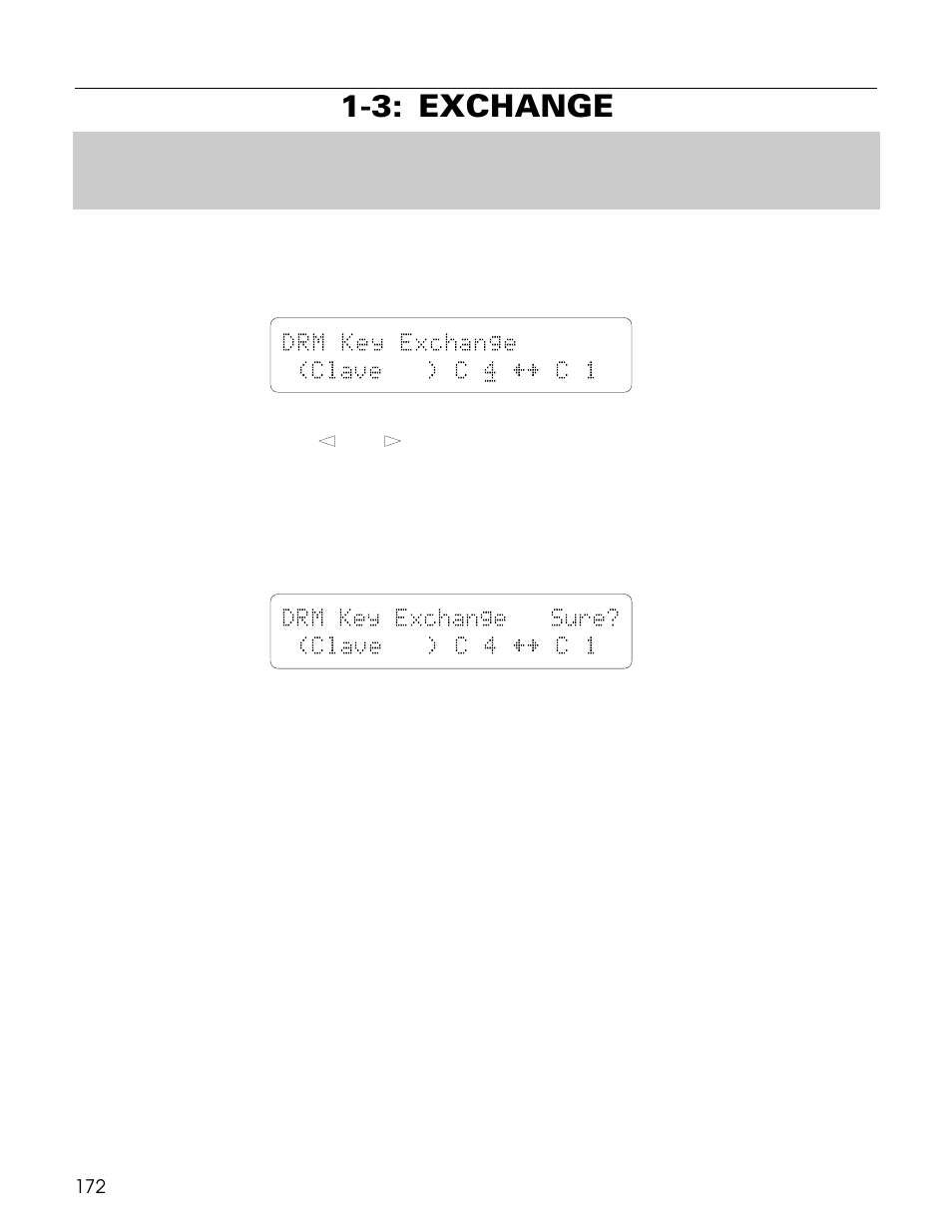 3: exchange, Drm key exchange (clave ) c 4 †¥ c 1, Drm key exchange sure? (clave ) c 4 †¥ c 1 | Yamaha TG500 User Manual | Page 184 / 334