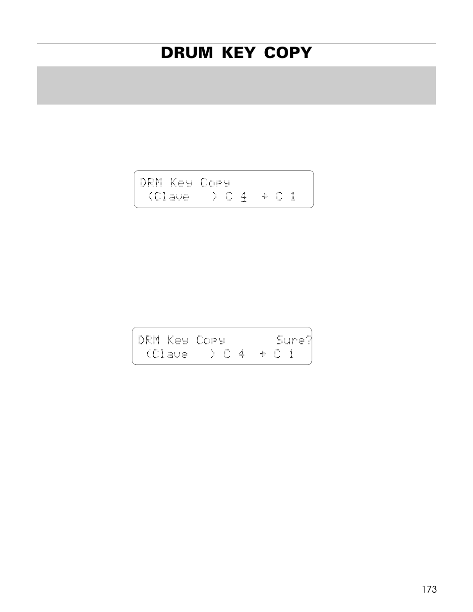 Drum key copy, Drm key copy (clave ) c 4 ¥ c 1, Drm key copy sure? (clave ) c 4 ¥ c 1 | Yamaha TG500 User Manual | Page 185 / 334