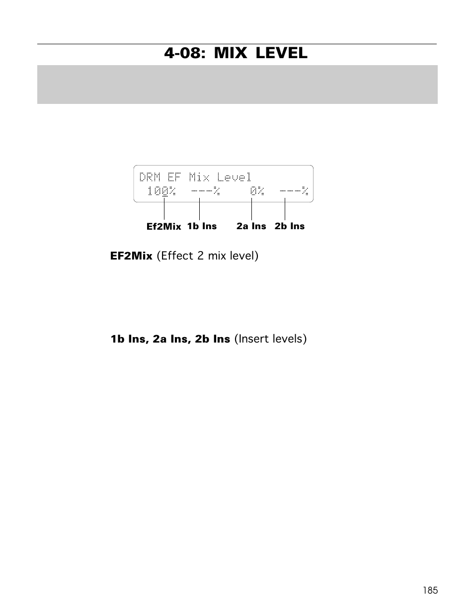 08: mix level, Drm ef mix level 10 0% ---% 0 | Yamaha TG500 User Manual | Page 197 / 334