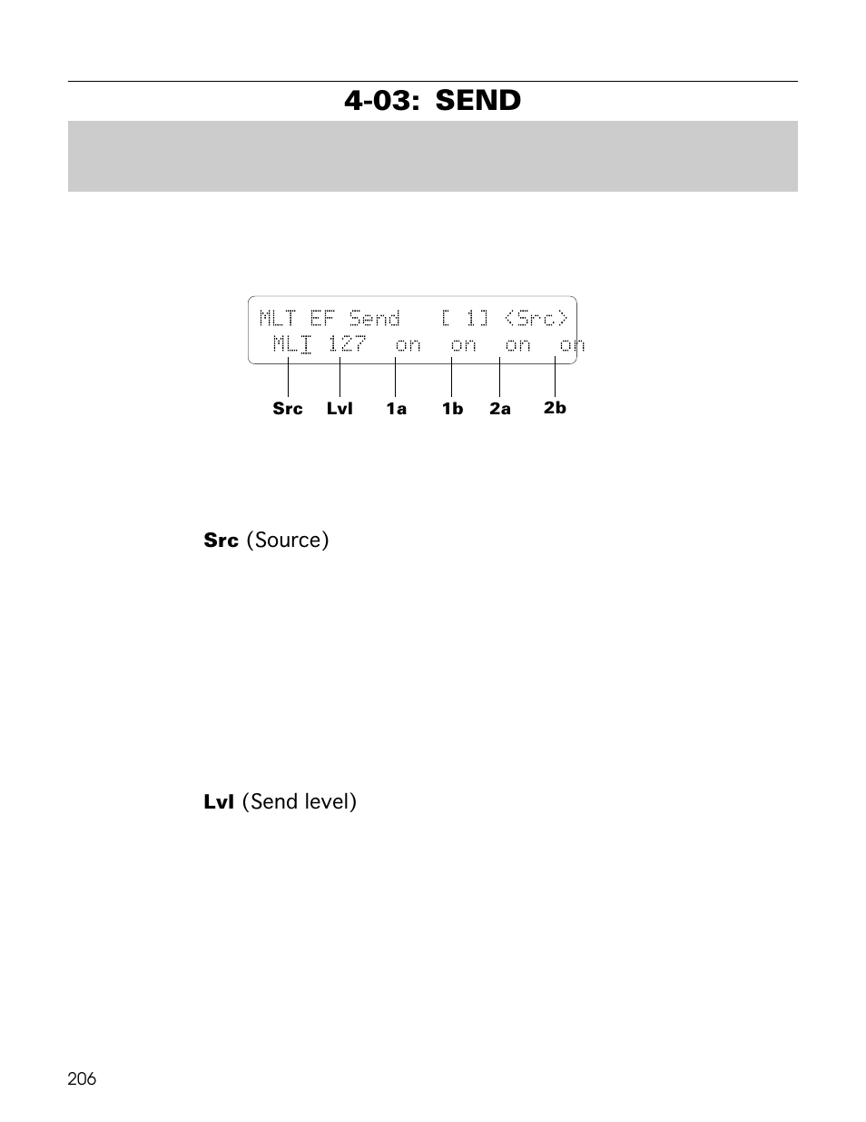 03: send, Mlt ef send [ 1] <src> ml t 127 on on on on | Yamaha TG500 User Manual | Page 218 / 334