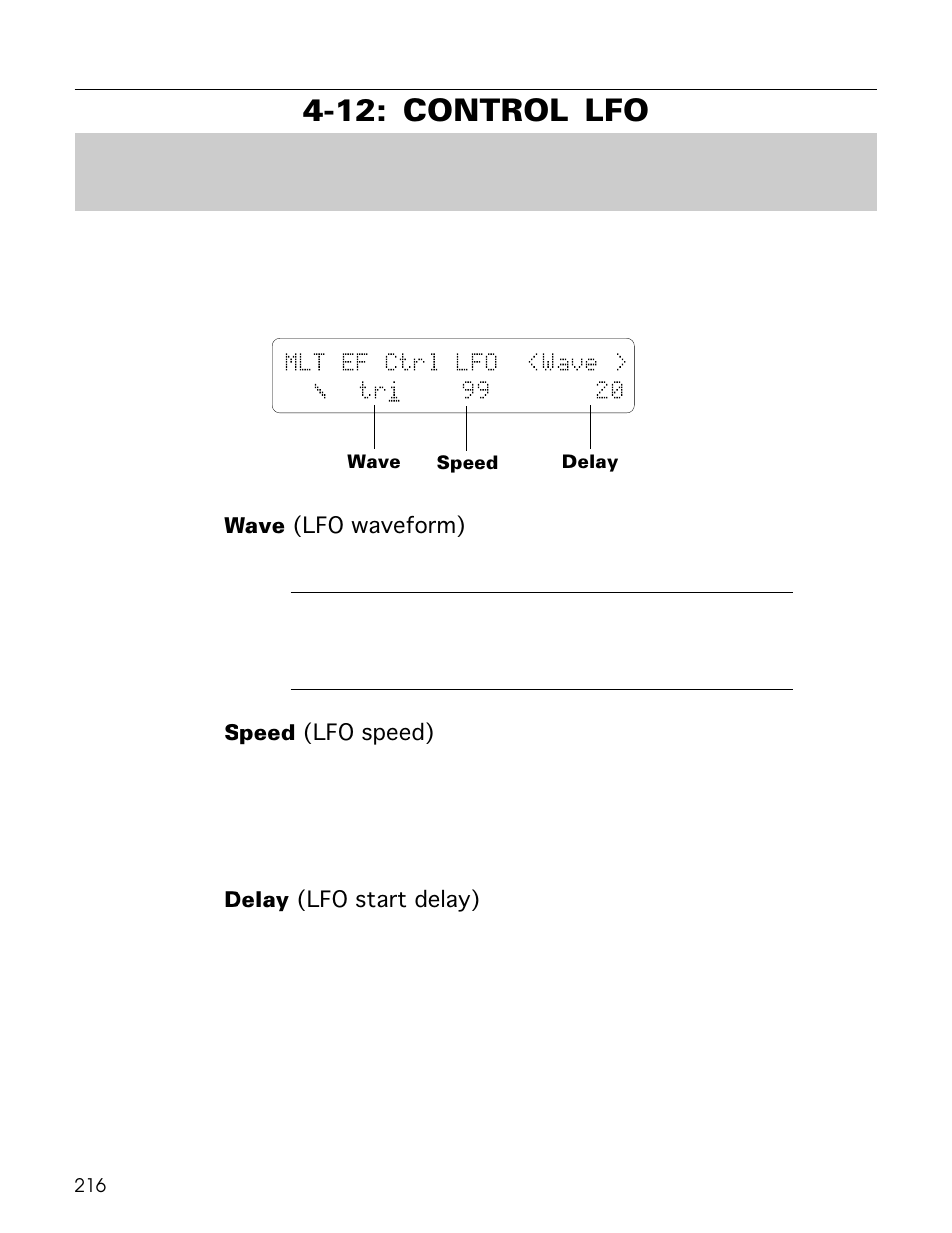 12: control lfo, Mlt ef ctrl lfo <wave > ∆ ˚ ∆ tr i 99 20 | Yamaha TG500 User Manual | Page 228 / 334