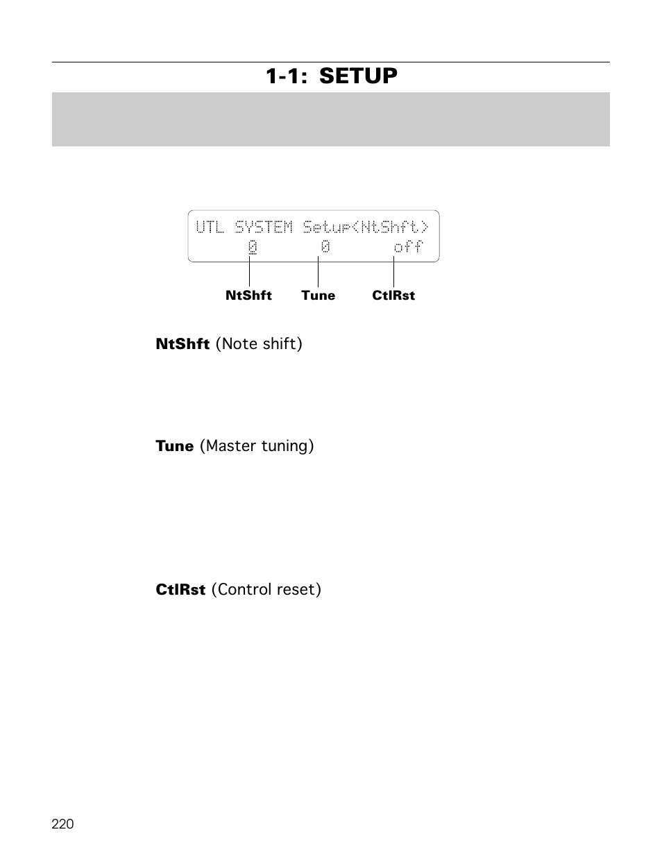 1: setup, Utl system setup<ntshft> 0 0 off | Yamaha TG500 User Manual | Page 232 / 334