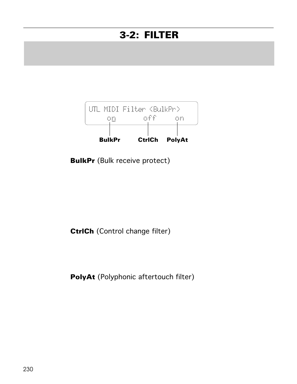 2: filter, Utl midi filter <bulkpr> on off on | Yamaha TG500 User Manual | Page 242 / 334