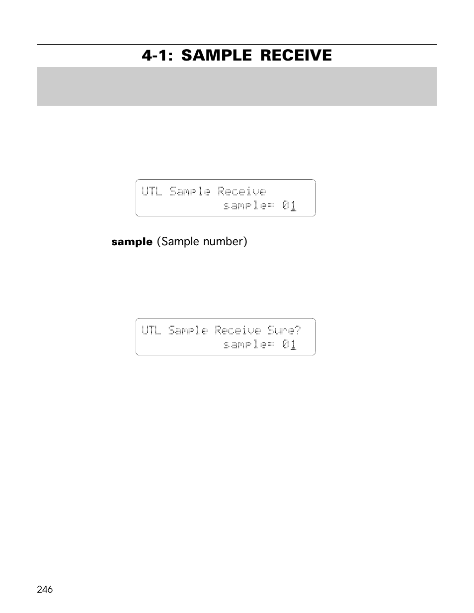 1: sample receive, Utl sample receive sample= 0 1, Utl sample receive sure? sample= 0 1 | Yamaha TG500 User Manual | Page 258 / 334