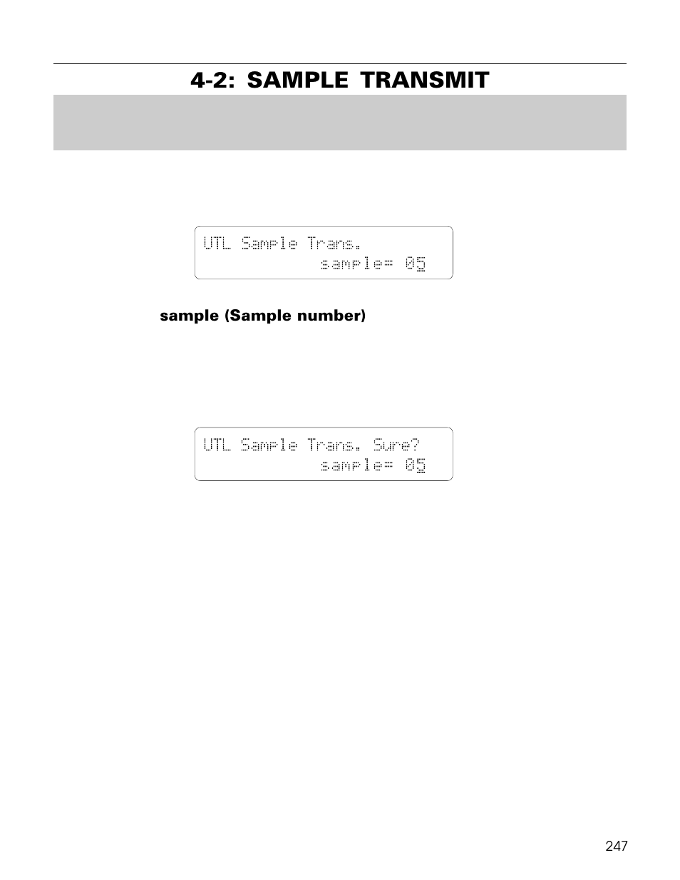 2: sample transmit, Utl sample trans. sample= 0 5, Utl sample trans. sure? sample= 0 5 | Yamaha TG500 User Manual | Page 259 / 334