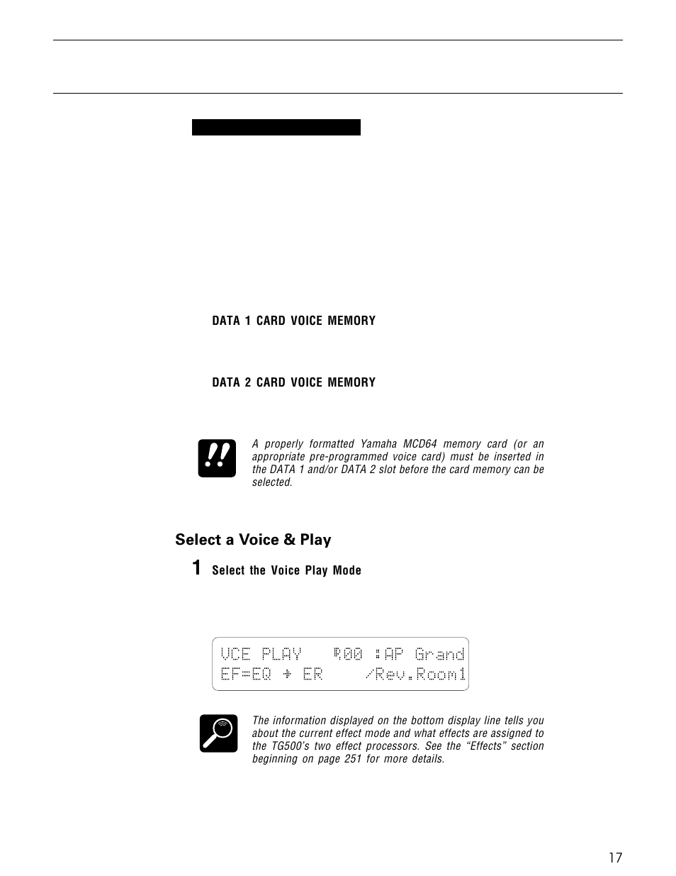 Vce play é00 :ap grand ef=eq ¥ er /rev.room1, Select a voice & play | Yamaha TG500 User Manual | Page 29 / 334