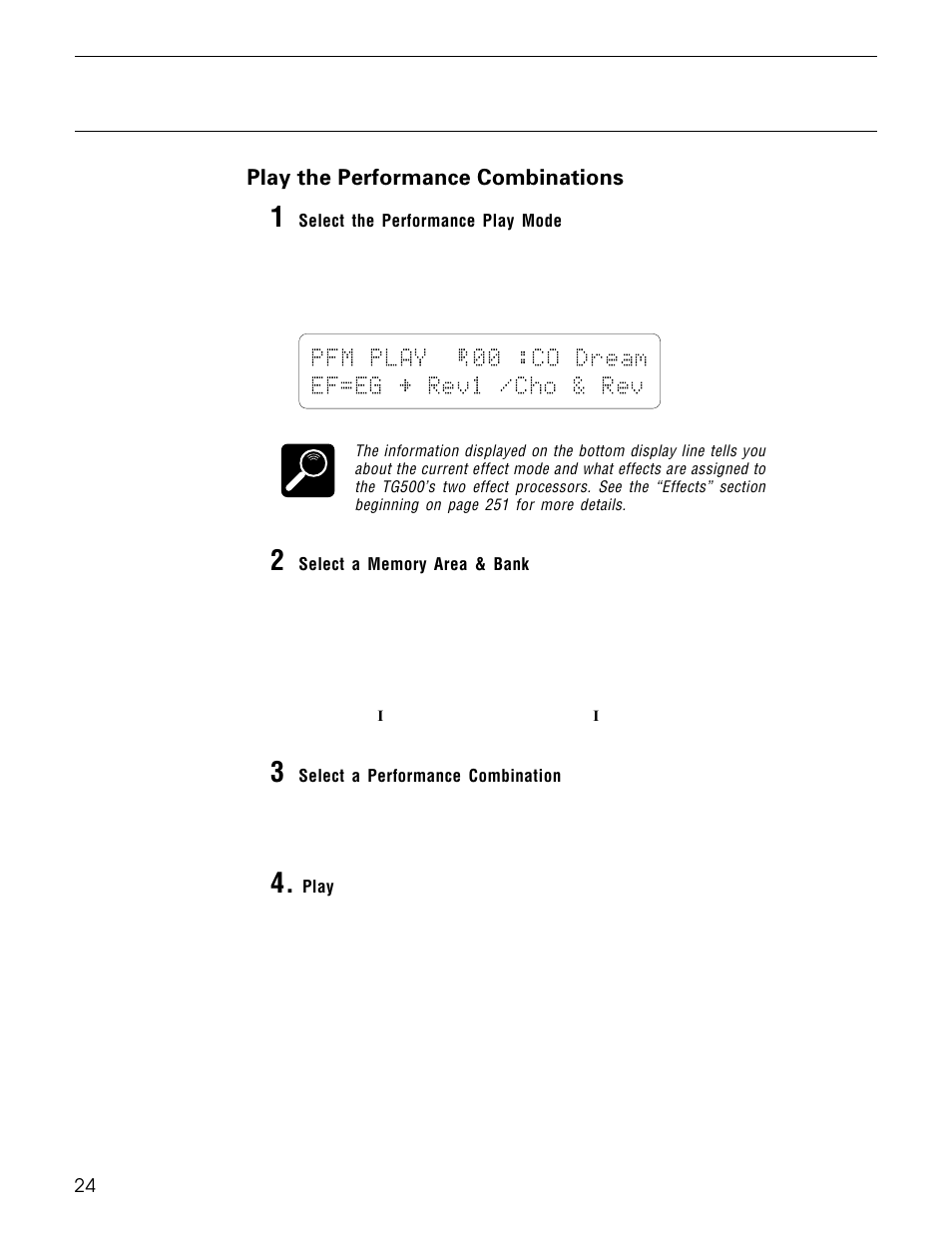 Pfm play é00 :co dream ef=eg ¥ rev1 /cho & rev, Play the performance combinations | Yamaha TG500 User Manual | Page 36 / 334