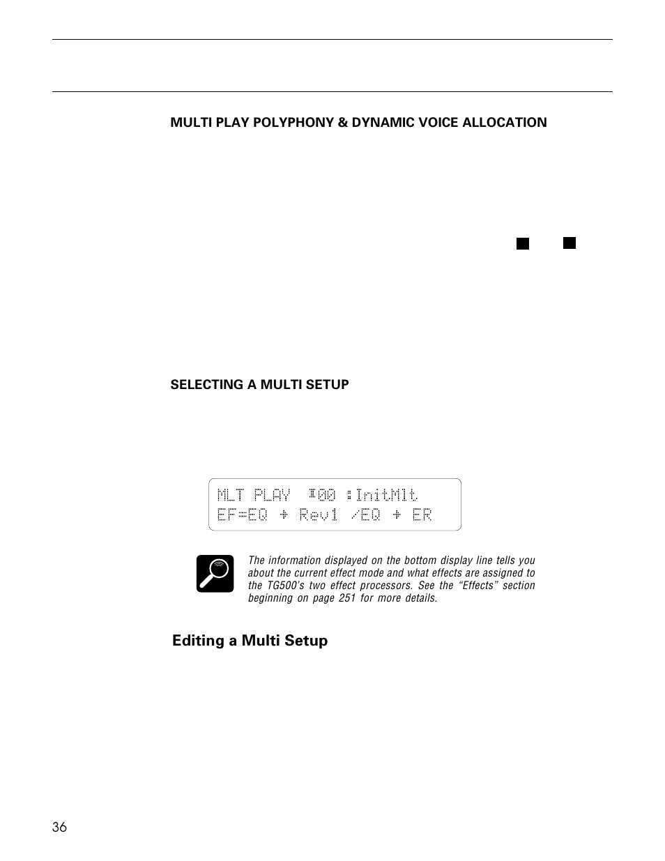 Mlt play ´00 :initmlt ef=eq ¥ rev1 /eq ¥ er, Editing a multi setup | Yamaha TG500 User Manual | Page 48 / 334