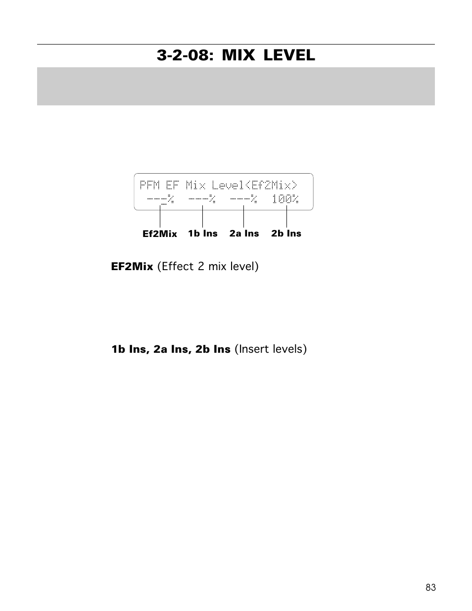 2-08: mix level, Pfm ef mix level<ef2mix> -- -% ---% ---% 100 | Yamaha TG500 User Manual | Page 95 / 334