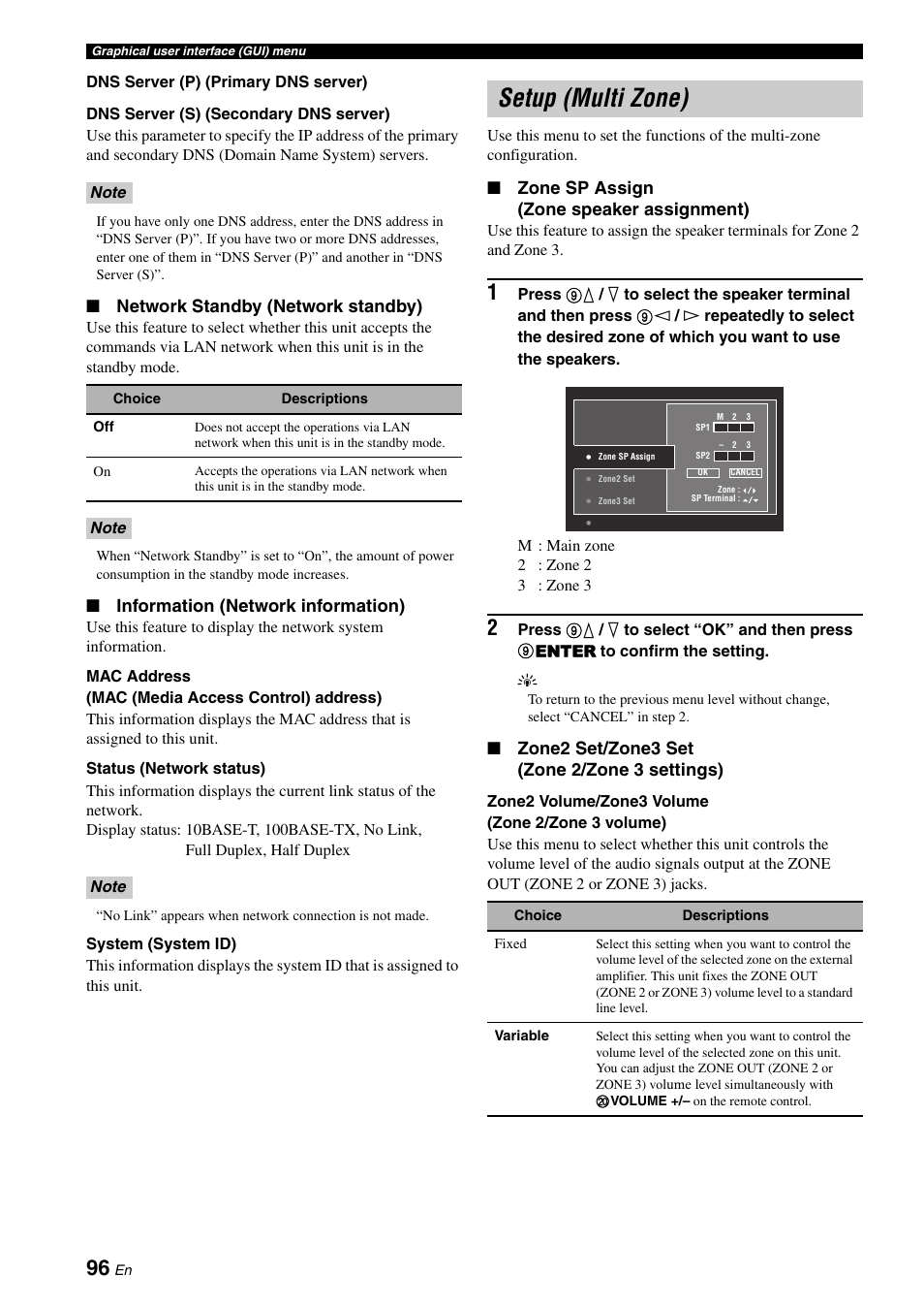 Setup (multi zone), Network standby (network standby), Information (network information) | Zone sp assign (zone speaker assignment), Zone2 set/zone3 set (zone 2/zone 3 settings) | Yamaha RX-V3900 User Manual | Page 100 / 169