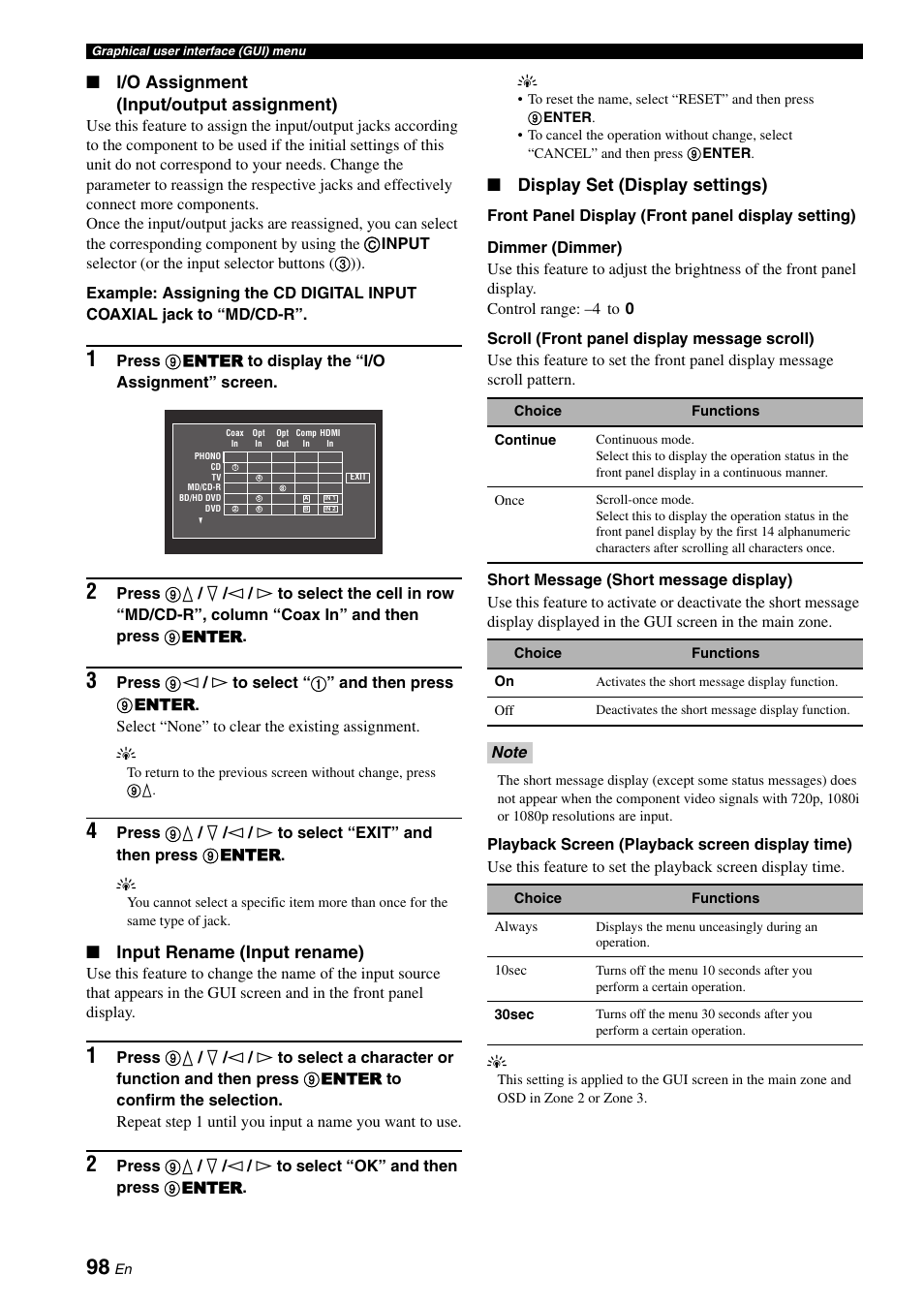 I/o assignment (input/output assignment), Input rename (input rename), Display set (display settings) | Yamaha RX-V3900 User Manual | Page 102 / 169