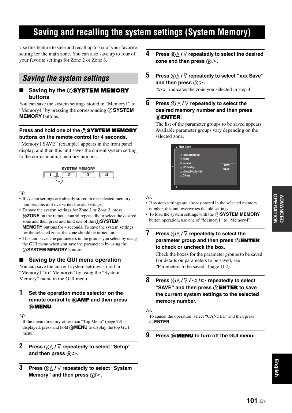 Saving and recalling the system settings, System memory), Saving the system settings | Yamaha RX-V3900 User Manual | Page 105 / 169
