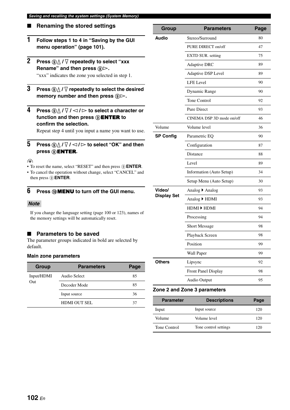 Renaming the stored settings, Parameters to be saved | Yamaha RX-V3900 User Manual | Page 106 / 169