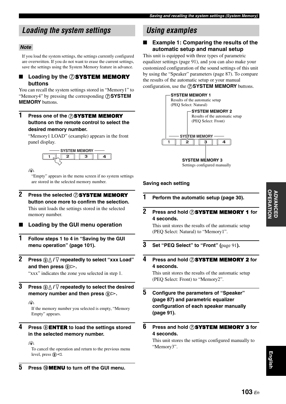 Loading the system settings, Using examples | Yamaha RX-V3900 User Manual | Page 107 / 169