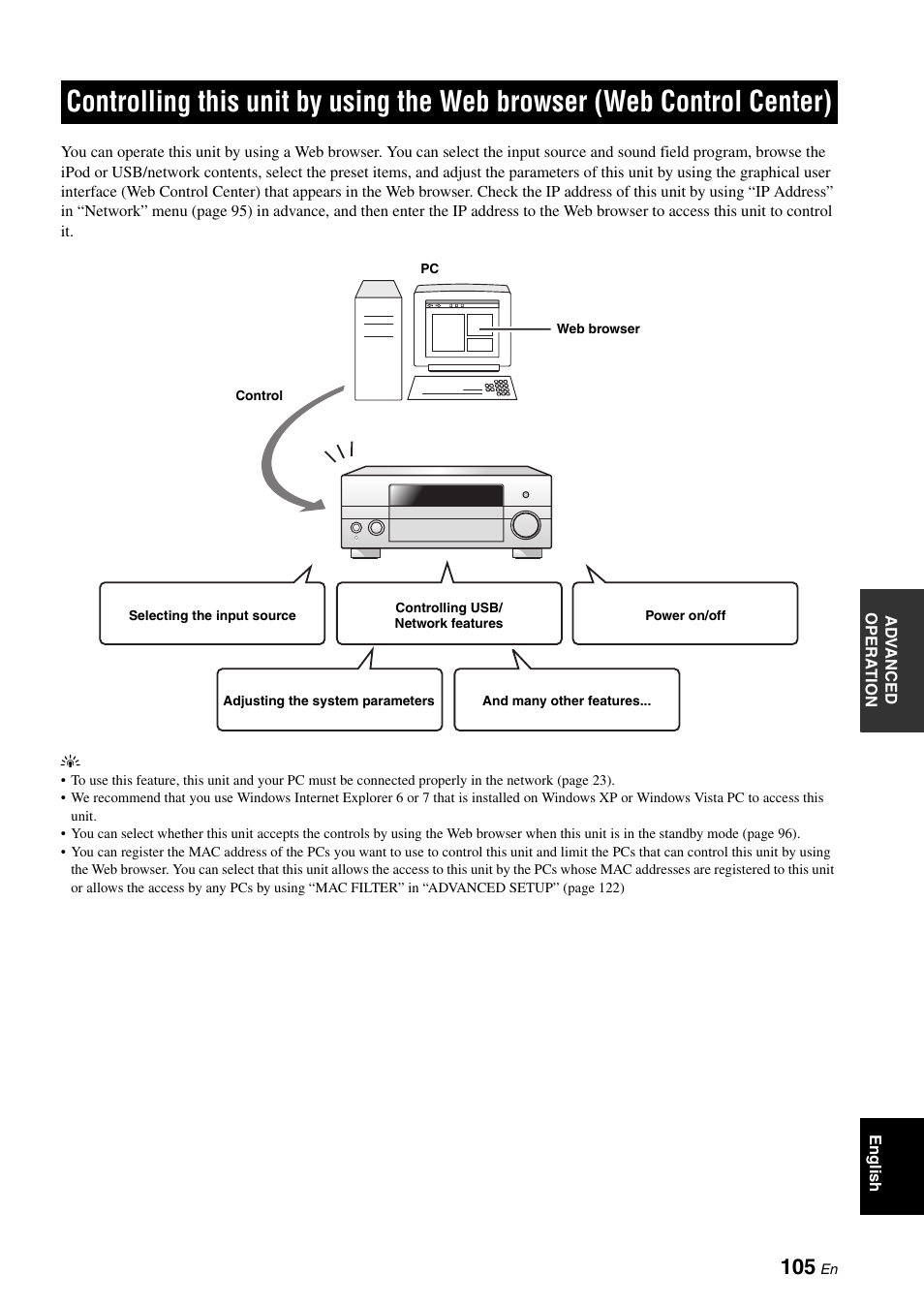 Controlling this unit by using the web, Browser (web control center) | Yamaha RX-V3900 User Manual | Page 109 / 169