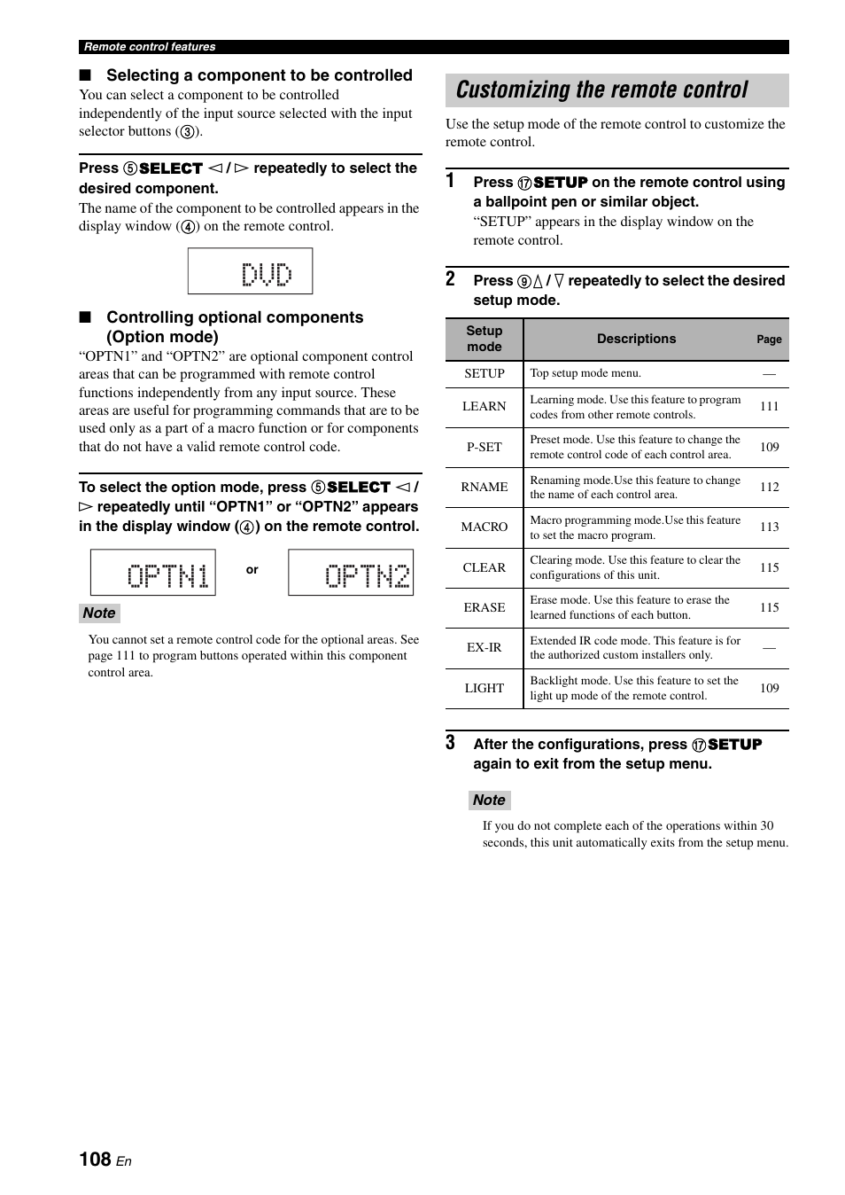 Customizing the remote control, Optn1 optn2 | Yamaha RX-V3900 User Manual | Page 112 / 169