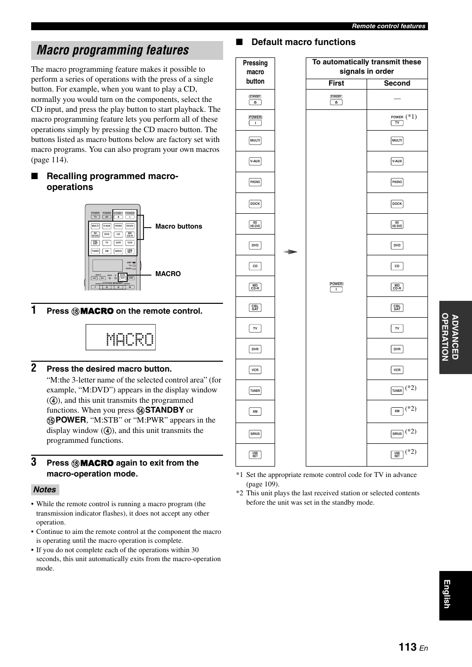 Macro programming features, Macro, Recalling programmed macro- operations | Default macro functions, Press h macro on the remote control, Macro macro buttons | Yamaha RX-V3900 User Manual | Page 117 / 169
