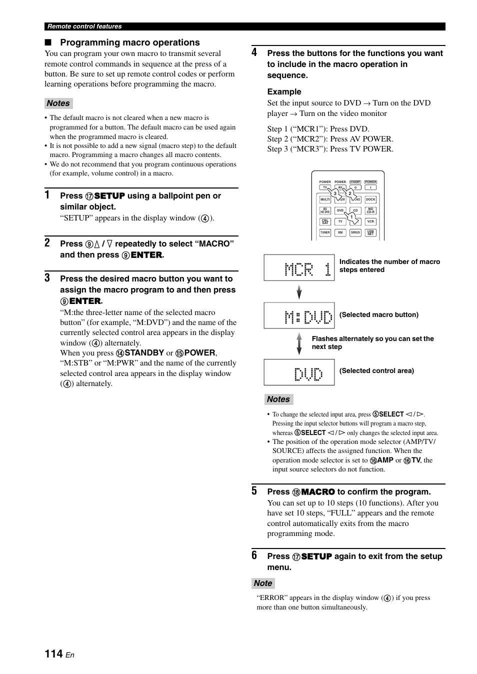Mcr 1 m:dvd dvd, Programming macro operations | Yamaha RX-V3900 User Manual | Page 118 / 169