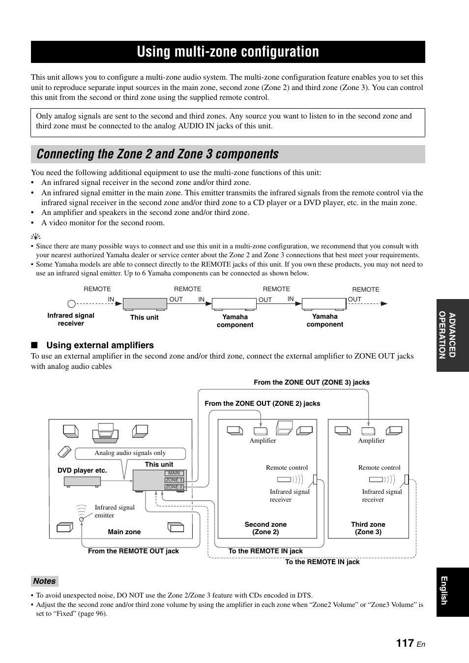Using multi-zone configuration, Connecting the zone 2 and zone 3 components, Using external amplifiers | Yamaha RX-V3900 User Manual | Page 121 / 169