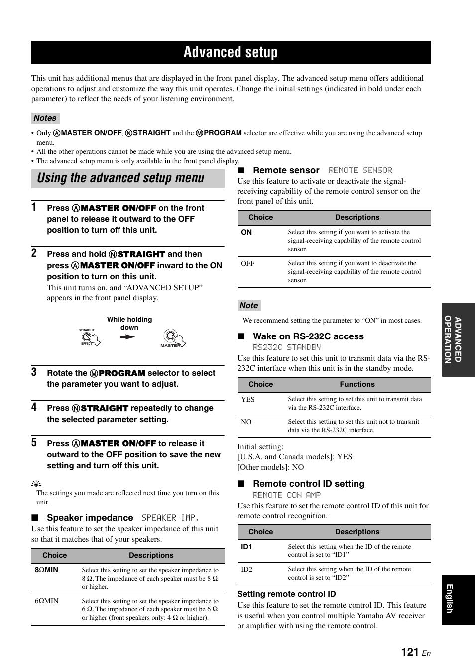 Advanced setup, Using the advanced setup menu | Yamaha RX-V3900 User Manual | Page 125 / 169