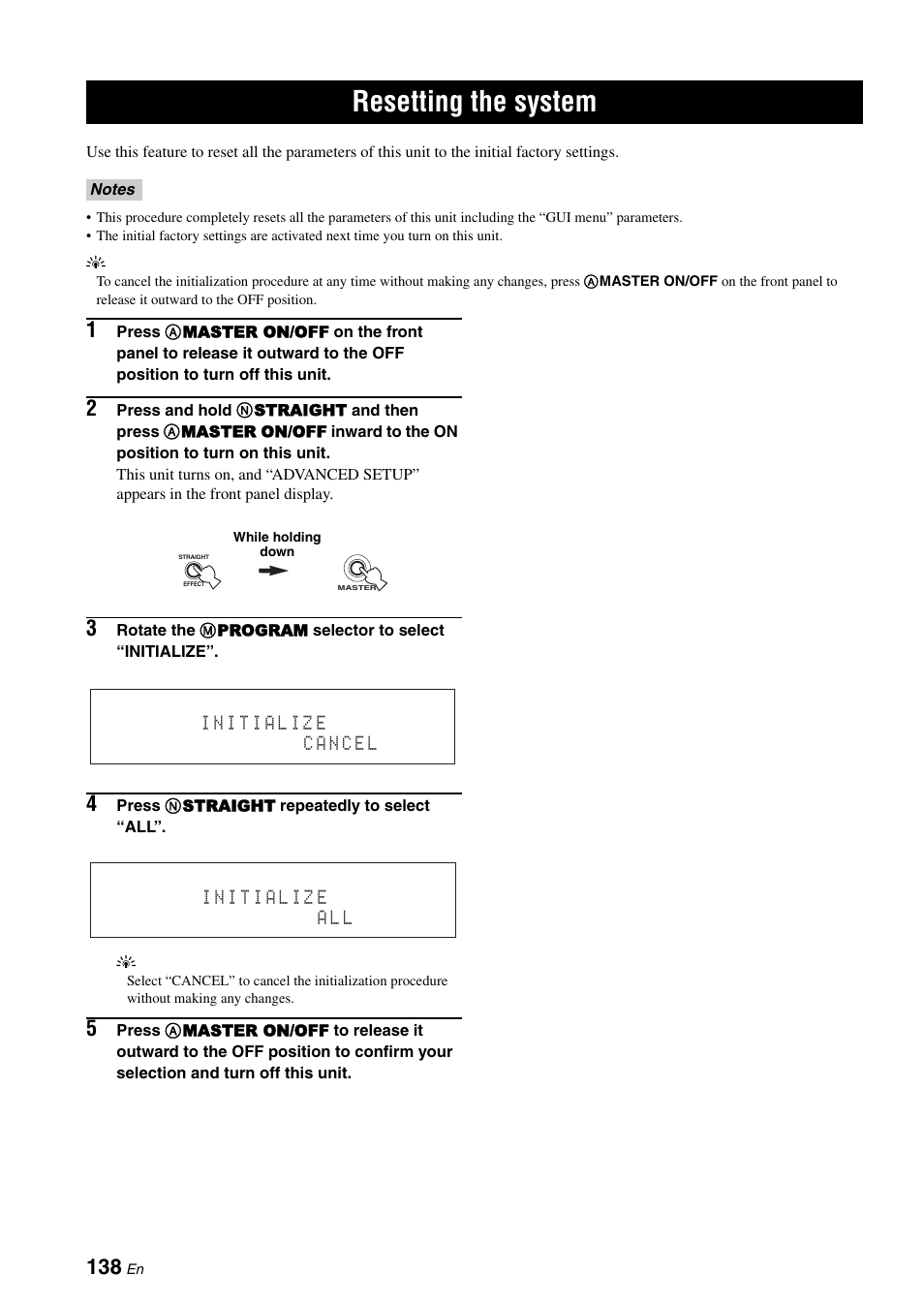 Resetting the system | Yamaha RX-V3900 User Manual | Page 142 / 169