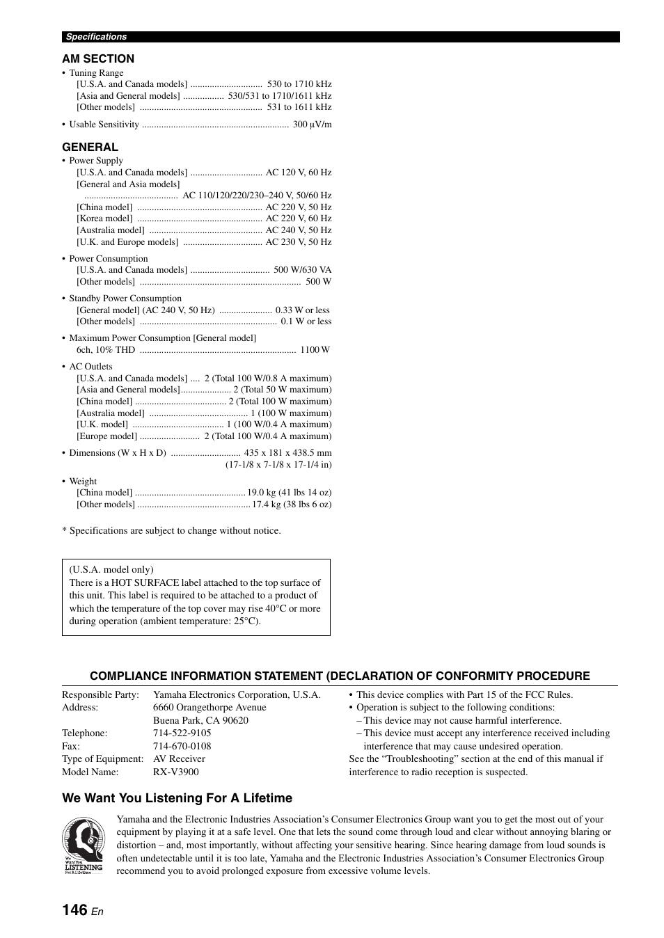 We want you listening for a lifetime | Yamaha RX-V3900 User Manual | Page 150 / 169