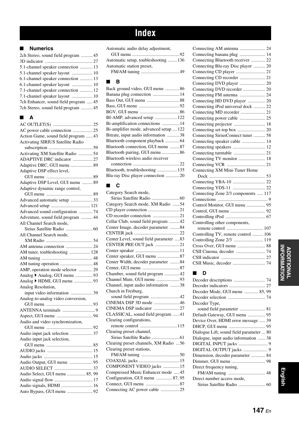 Index | Yamaha RX-V3900 User Manual | Page 151 / 169