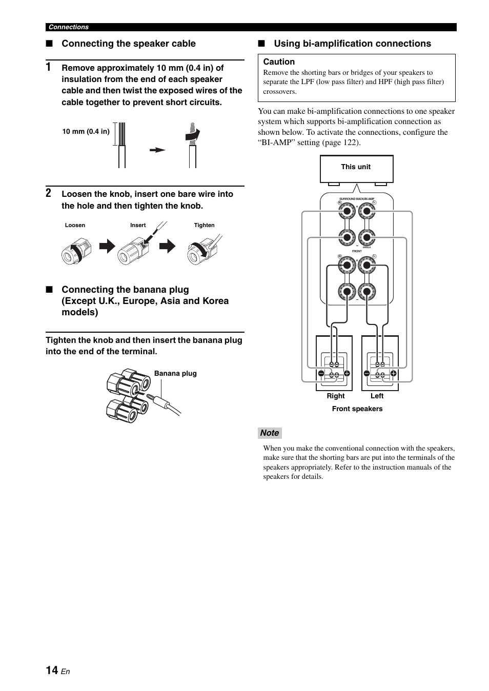 Connecting the speaker cable, Using bi-amplification connections | Yamaha RX-V3900 User Manual | Page 18 / 169