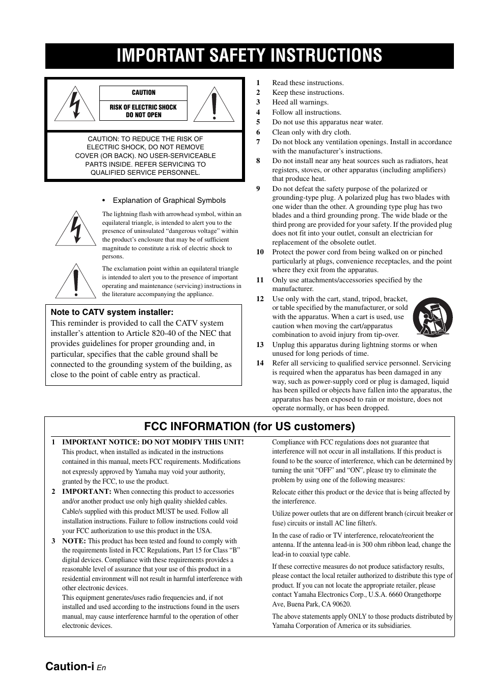 Important safety instructions, Caution-i, Fcc information (for us customers) | Yamaha RX-V3900 User Manual | Page 2 / 169