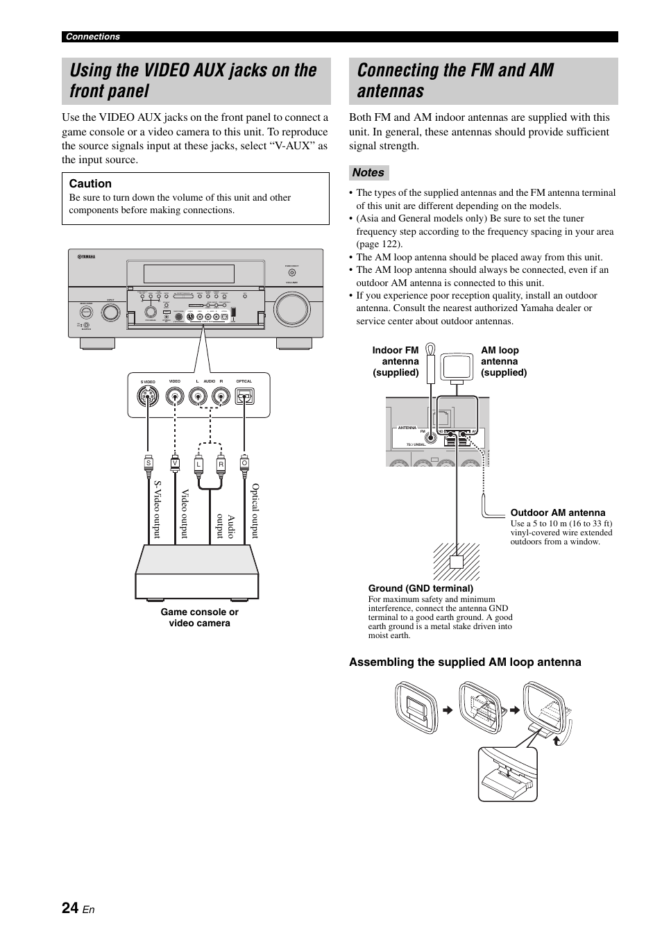 P. 24, Using the video aux jacks on the front panel, Connecting the fm and am antennas | Assembling the supplied am loop antenna, Caution | Yamaha RX-V3900 User Manual | Page 28 / 169