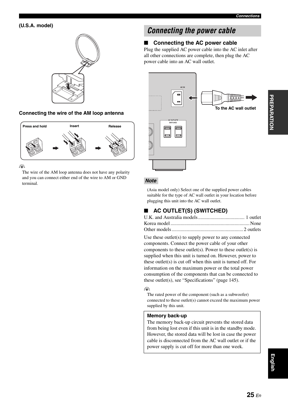 Connecting the power cable, Connecting the ac power cable, Ac outlet(s) (switched) | Yamaha RX-V3900 User Manual | Page 29 / 169