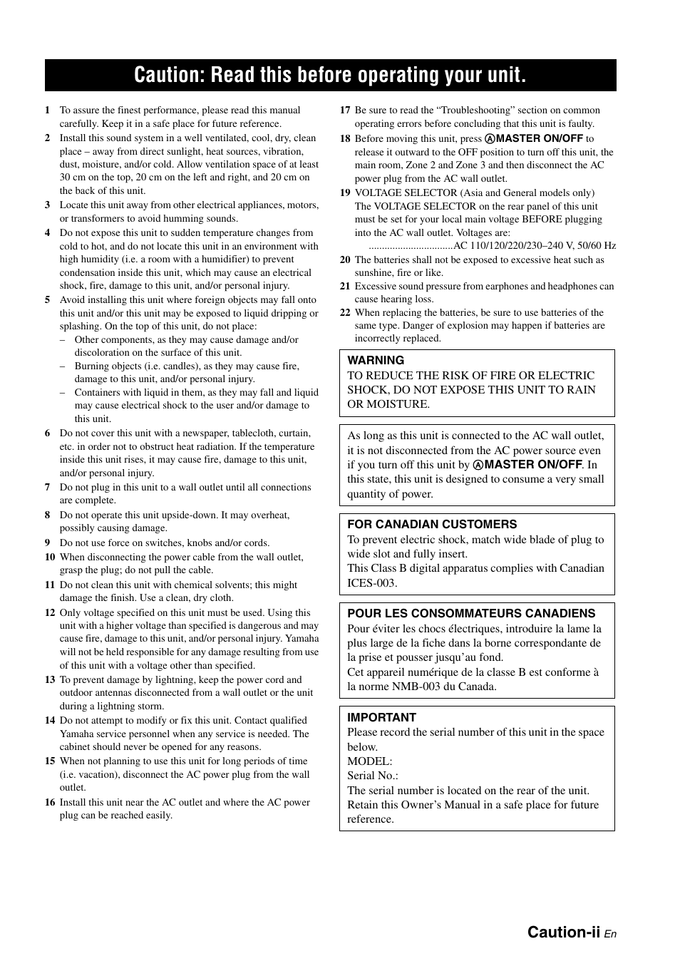 Caution: read this before operating your unit, Caution-ii | Yamaha RX-V3900 User Manual | Page 3 / 169