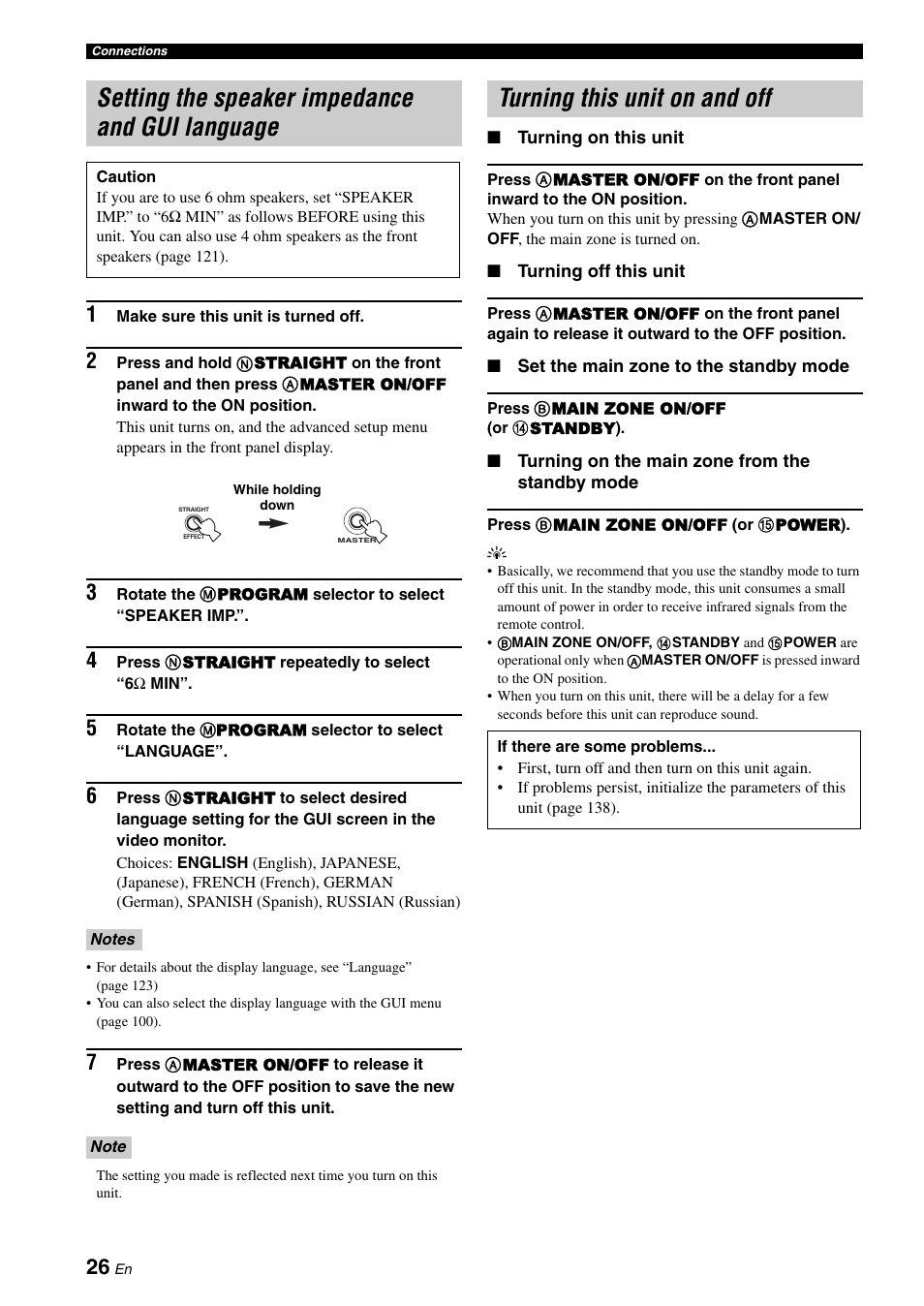 Setting the speaker impedance and gui language, Turning this unit on and off | Yamaha RX-V3900 User Manual | Page 30 / 169