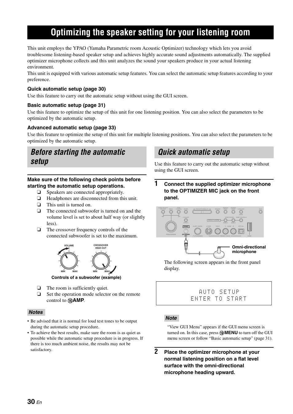 Optimizing the speaker setting for your, Listening room, P. 30 | Before starting the automatic setup, Quick automatic setup | Yamaha RX-V3900 User Manual | Page 34 / 169