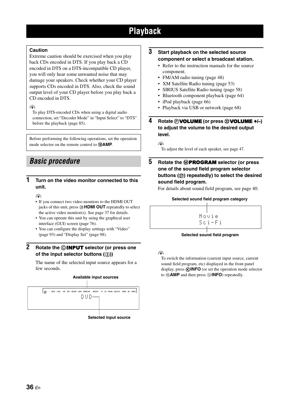 Basic operation, Playback, Basic procedure | P. 36, D v d | Yamaha RX-V3900 User Manual | Page 40 / 169