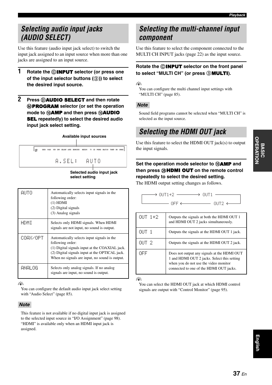 Selecting audio input jacks (audio select), Selecting the multi-channel input component, Selecting the hdmi out jack | A . s e l : a u t o | Yamaha RX-V3900 User Manual | Page 41 / 169