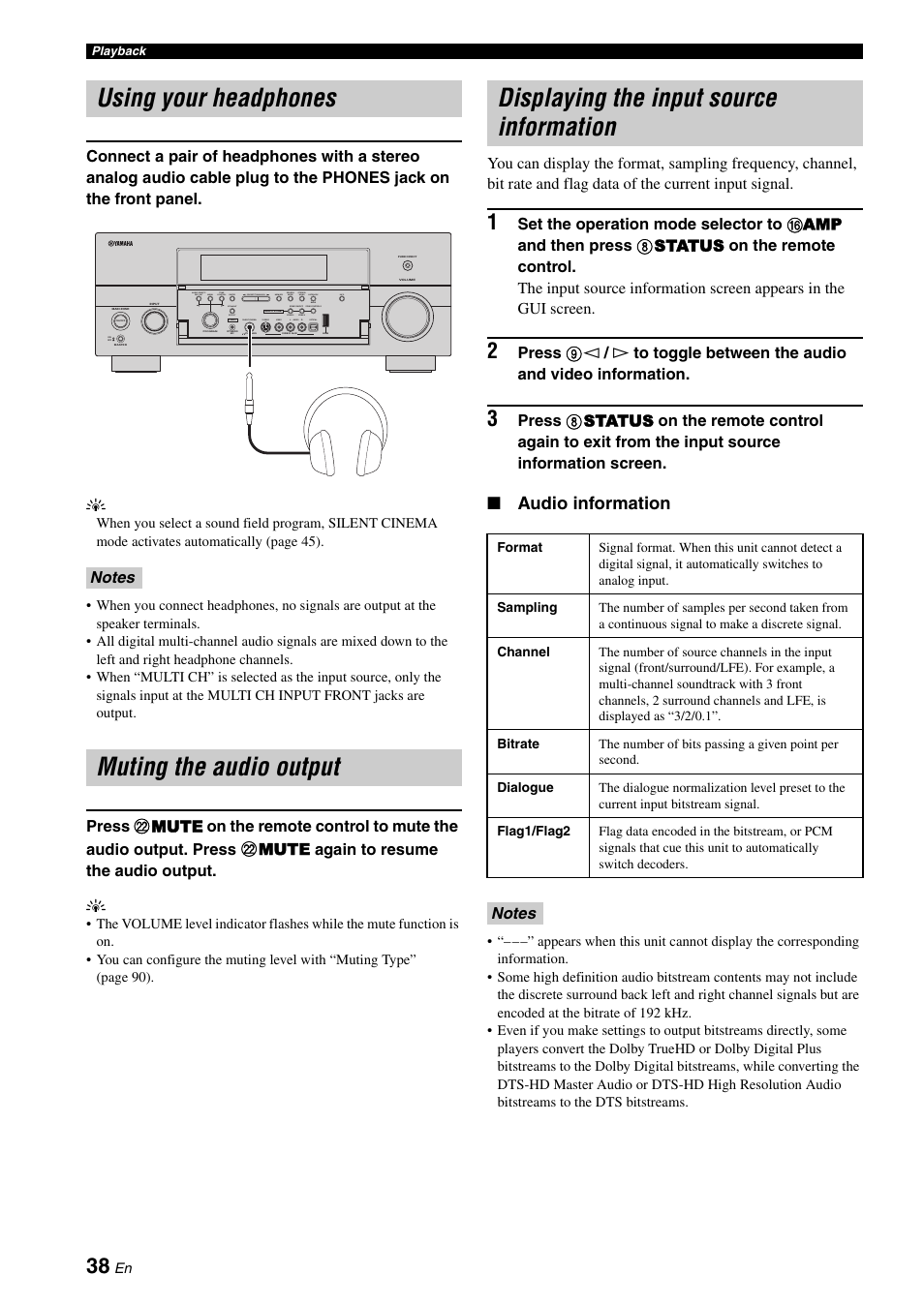 Using your headphones, Muting the audio output, Displaying the input source information | Audio information | Yamaha RX-V3900 User Manual | Page 42 / 169